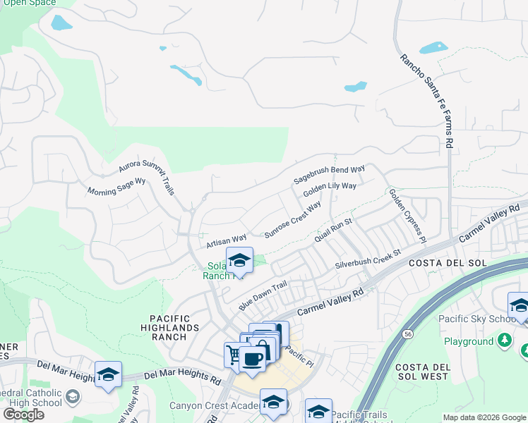 map of restaurants, bars, coffee shops, grocery stores, and more near 6194 Sagebrush Bend Way in San Diego