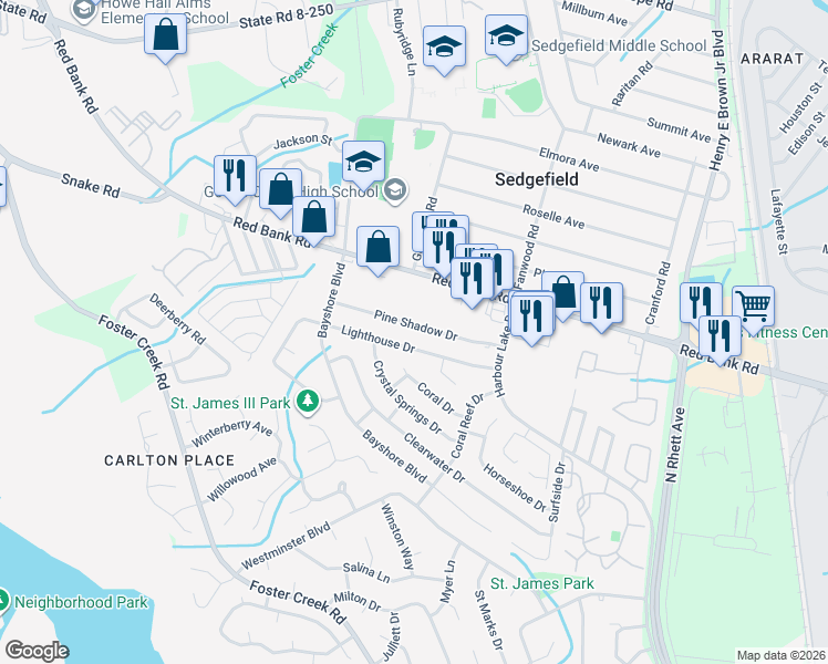 map of restaurants, bars, coffee shops, grocery stores, and more near 180 Pineshadow Drive in Goose Creek
