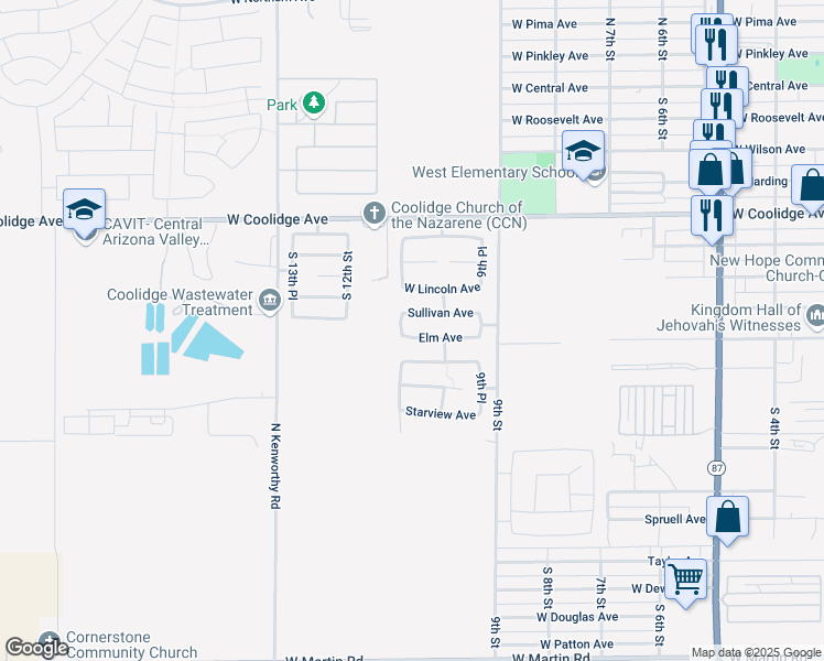 map of restaurants, bars, coffee shops, grocery stores, and more near 1027 West Sullivan Avenue in Coolidge