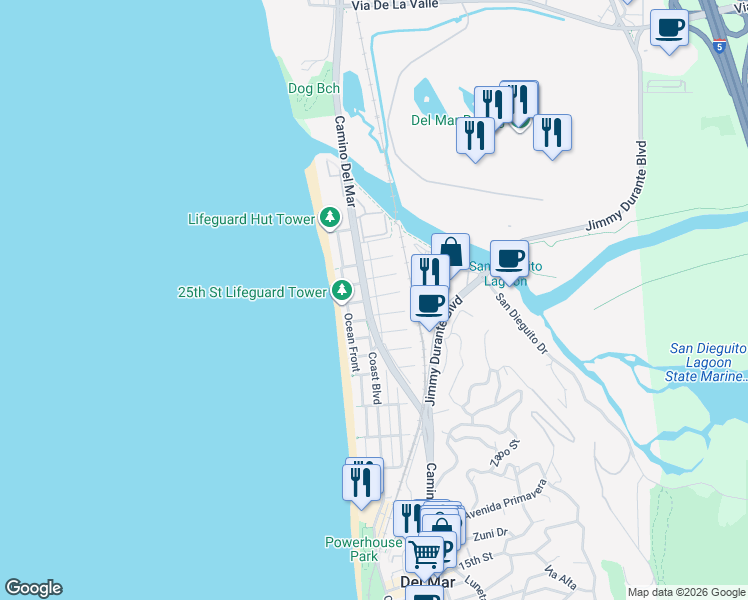 map of restaurants, bars, coffee shops, grocery stores, and more near 2435 Camino Del Mar in Del Mar