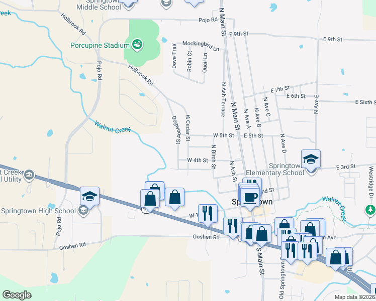 map of restaurants, bars, coffee shops, grocery stores, and more near 420 North Cedar Street in Springtown