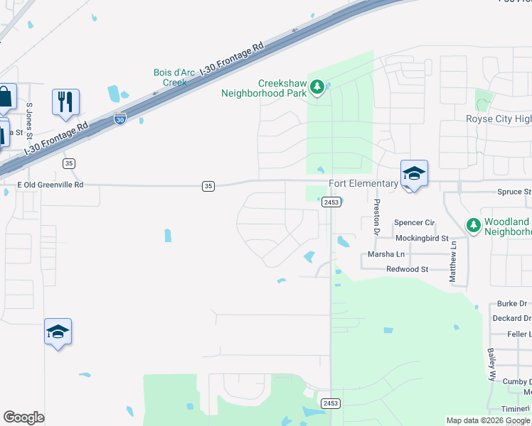 map of restaurants, bars, coffee shops, grocery stores, and more near 1801 Farm to Market 35 in Royse City