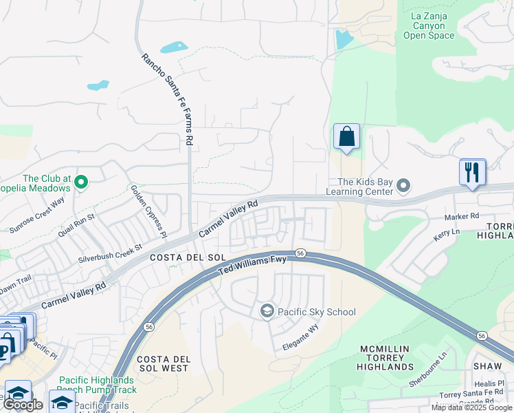 map of restaurants, bars, coffee shops, grocery stores, and more near 6744 Monterra Trail in San Diego