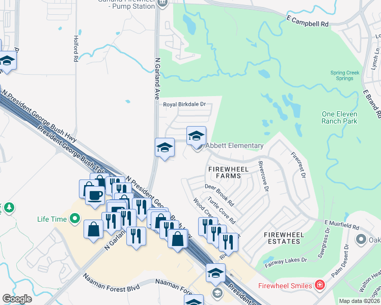 map of restaurants, bars, coffee shops, grocery stores, and more near 730 West Muirfield Road in Garland