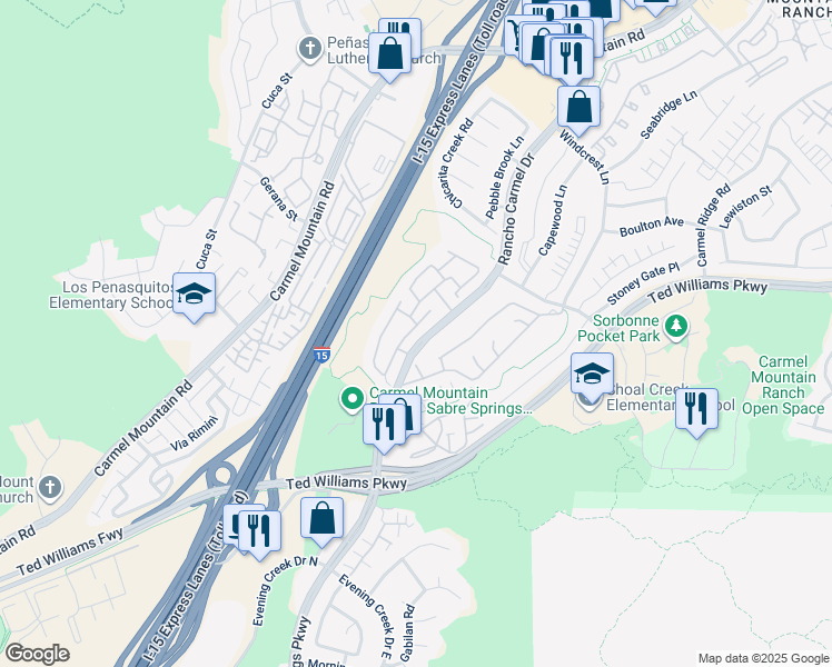 map of restaurants, bars, coffee shops, grocery stores, and more near 10462 Rancho Carmel Drive in San Diego