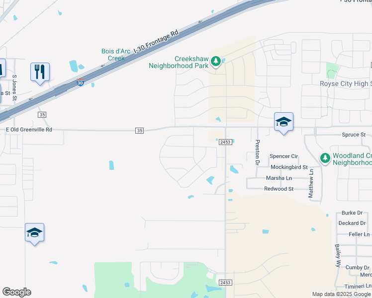 map of restaurants, bars, coffee shops, grocery stores, and more near 109 Gardenia Drive in Royse City