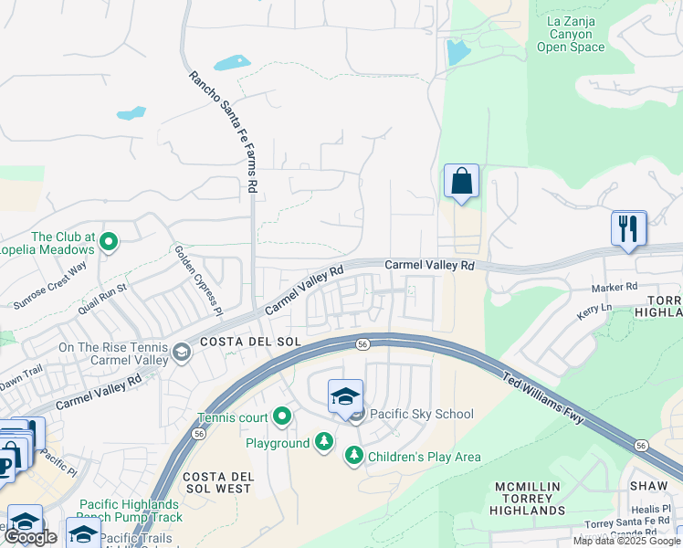 map of restaurants, bars, coffee shops, grocery stores, and more near 6744 Monterra Trail in San Diego