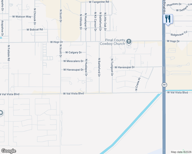 map of restaurants, bars, coffee shops, grocery stores, and more near 9876 North Battleford Drive in Casa Grande
