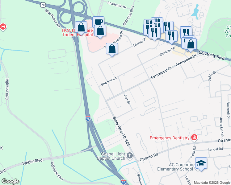map of restaurants, bars, coffee shops, grocery stores, and more near 9022 State Road S-10-1224 in Charleston