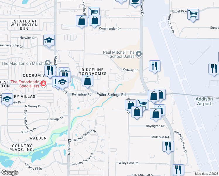 map of restaurants, bars, coffee shops, grocery stores, and more near 3213 Keller Springs Road in Carrollton