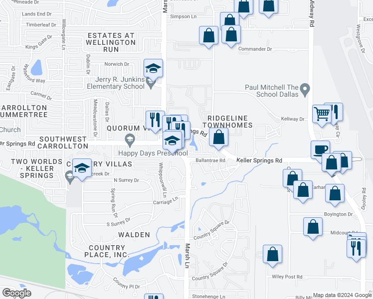 map of restaurants, bars, coffee shops, grocery stores, and more near 2210 Marsh Lane in Carrollton