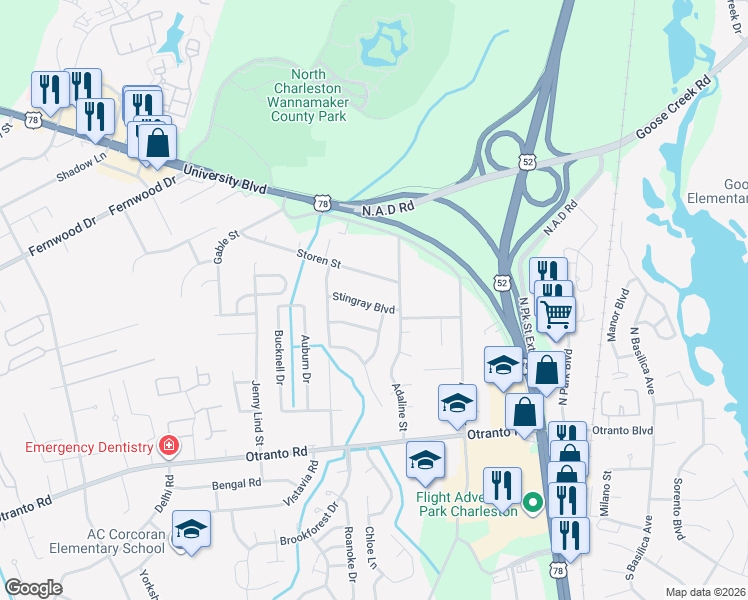 map of restaurants, bars, coffee shops, grocery stores, and more near 2428 Stingray Boulevard in North Charleston