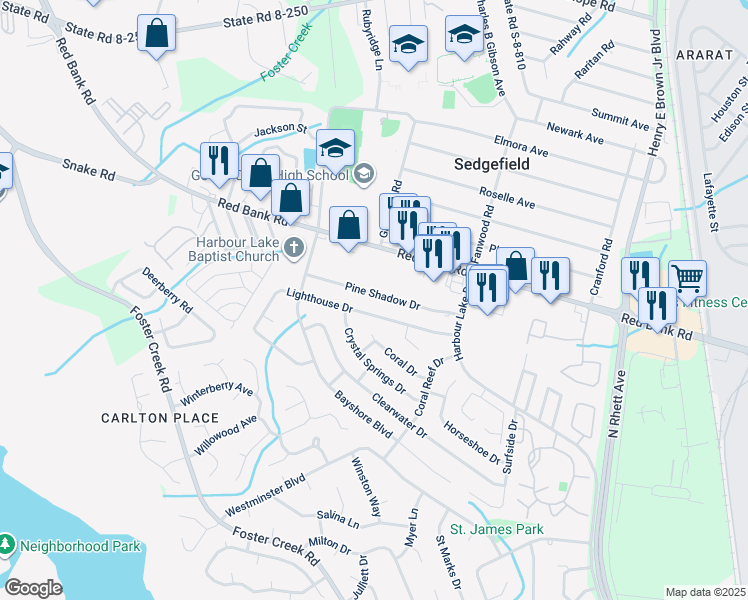 map of restaurants, bars, coffee shops, grocery stores, and more near 187 Pineshadow Drive in Goose Creek