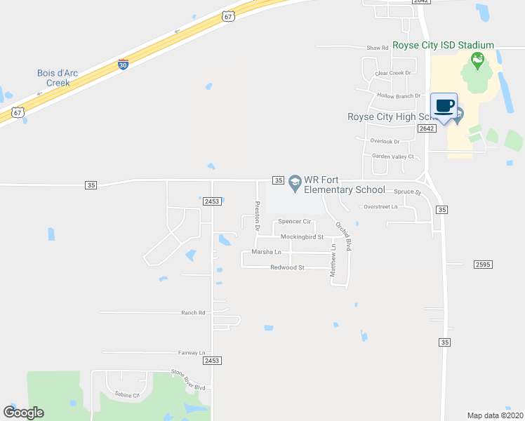 map of restaurants, bars, coffee shops, grocery stores, and more near 704 Preston Drive in Royse City