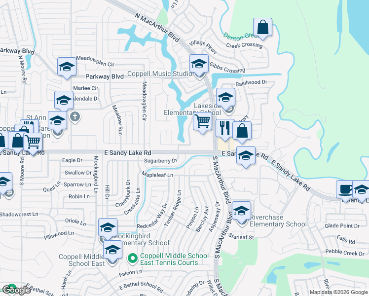 map of restaurants, bars, coffee shops, grocery stores, and more near 949 Fountain Drive in Coppell