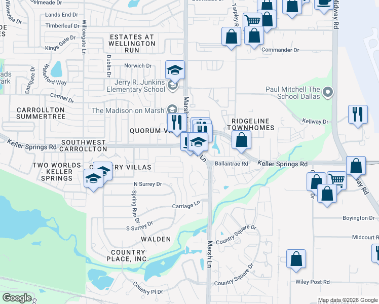 map of restaurants, bars, coffee shops, grocery stores, and more near 2155 Marsh Lane in Carrollton
