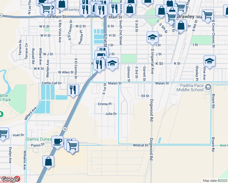 map of restaurants, bars, coffee shops, grocery stores, and more near 180 Malan Street in Brawley