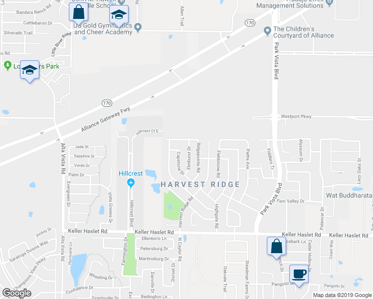 map of restaurants, bars, coffee shops, grocery stores, and more near 13257 Elmhurst Drive in Fort Worth