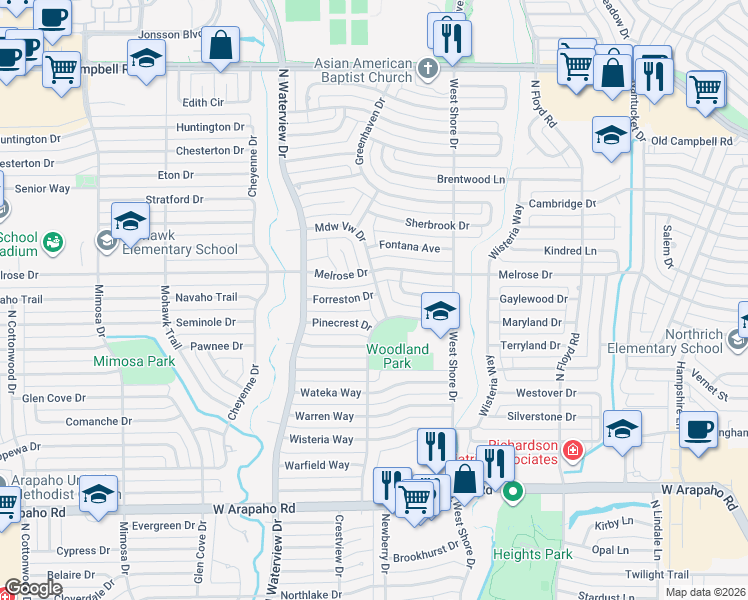 map of restaurants, bars, coffee shops, grocery stores, and more near 1407 Meadow View Drive in Richardson