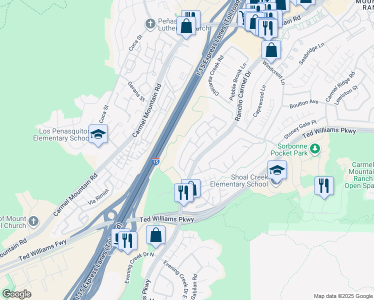 map of restaurants, bars, coffee shops, grocery stores, and more near 10366 Rancho Carmel Drive in San Diego