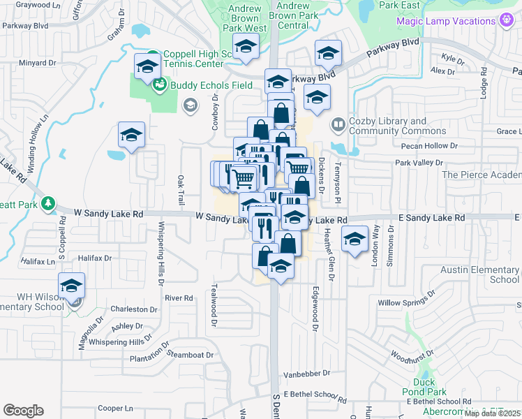 map of restaurants, bars, coffee shops, grocery stores, and more near 100 West Sandy Lake Road in Coppell