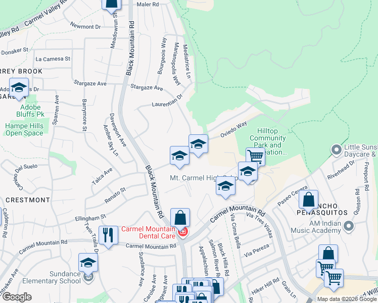 map of restaurants, bars, coffee shops, grocery stores, and more near 9397 Oviedo Street in San Diego