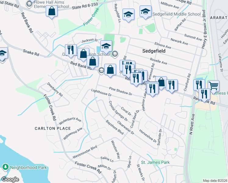 map of restaurants, bars, coffee shops, grocery stores, and more near 180 Pineshadow Drive in Goose Creek