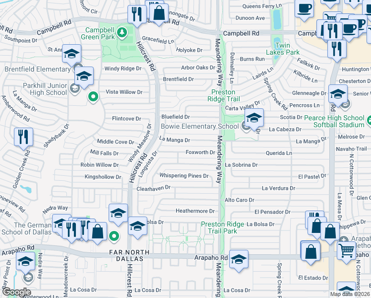 map of restaurants, bars, coffee shops, grocery stores, and more near 7317 Foxworth Drive in Dallas
