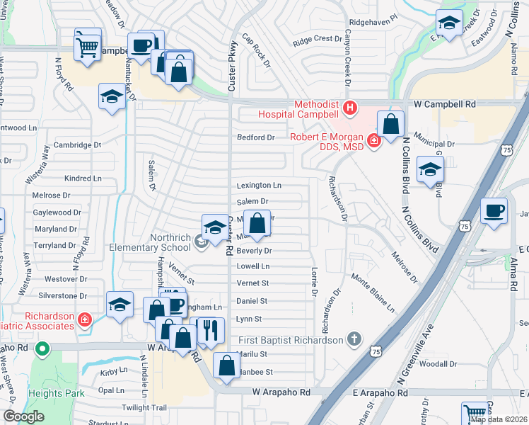 map of restaurants, bars, coffee shops, grocery stores, and more near 426 Melrose Drive in Richardson