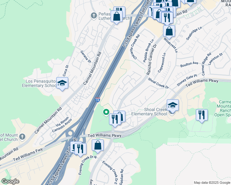 map of restaurants, bars, coffee shops, grocery stores, and more near 10345 Rancho Carmel Drive in San Diego