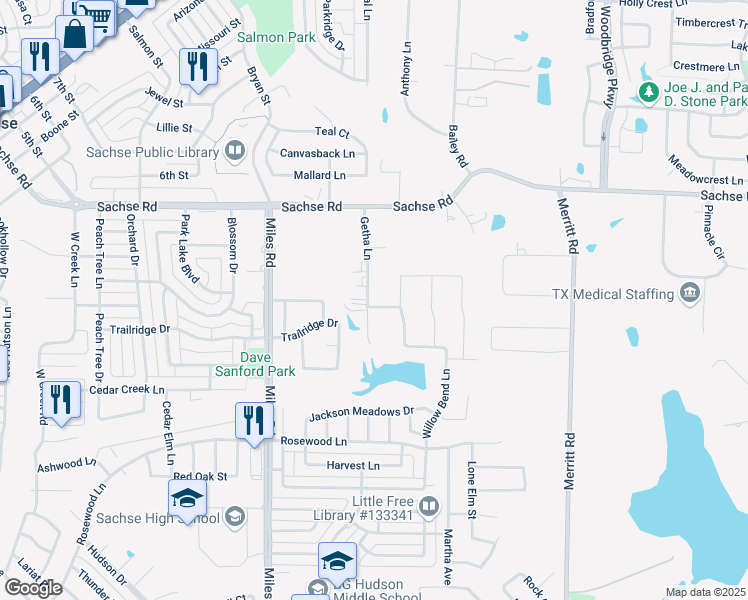 map of restaurants, bars, coffee shops, grocery stores, and more near 5102 Getha Lane in Sachse