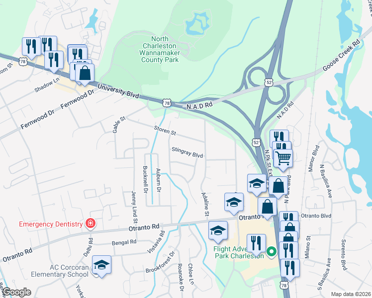 map of restaurants, bars, coffee shops, grocery stores, and more near 2428 Stingray Boulevard in North Charleston