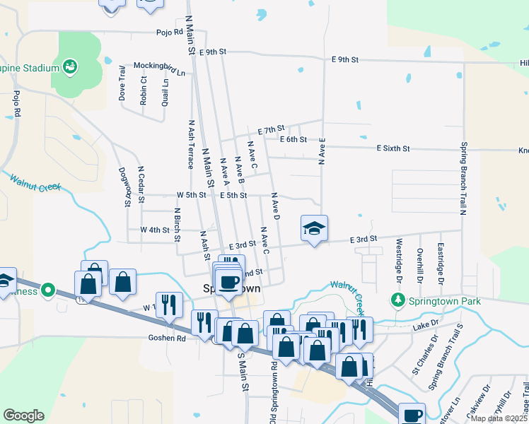 map of restaurants, bars, coffee shops, grocery stores, and more near 404 North Avenue C in Springtown