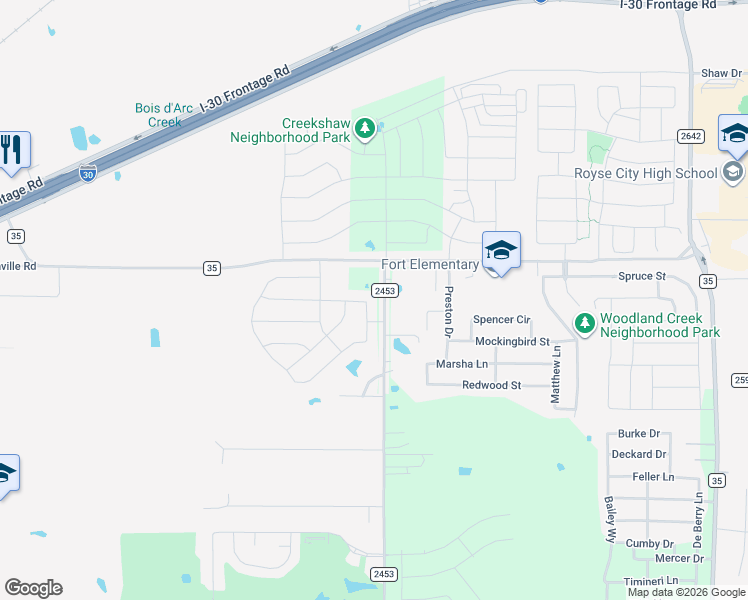 map of restaurants, bars, coffee shops, grocery stores, and more near 203 Jacaranda Drive in Royse City