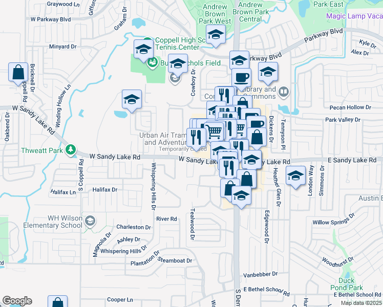 map of restaurants, bars, coffee shops, grocery stores, and more near 202 West Sandy Lake Road in Coppell