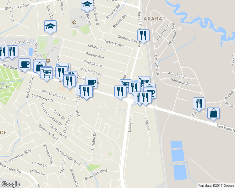 map of restaurants, bars, coffee shops, grocery stores, and more near 1447 Red Bank Road in Goose Creek