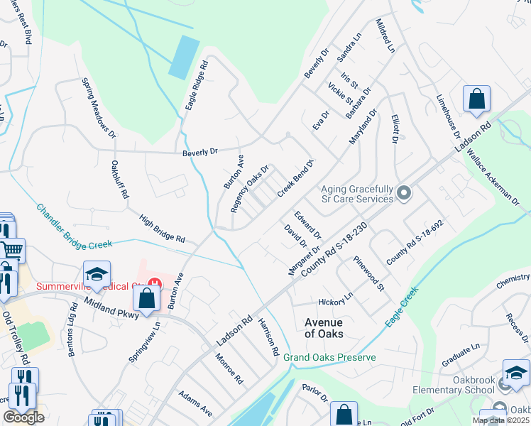 map of restaurants, bars, coffee shops, grocery stores, and more near 44 Creek Bend Drive in Summerville