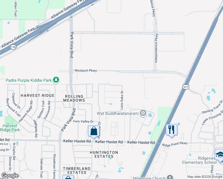 map of restaurants, bars, coffee shops, grocery stores, and more near 4721 Kendrick Peak Way in Fort Worth