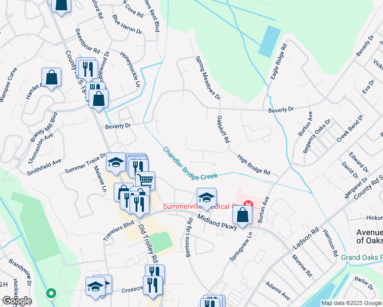 map of restaurants, bars, coffee shops, grocery stores, and more near 157 Oakbluff Road in Summerville