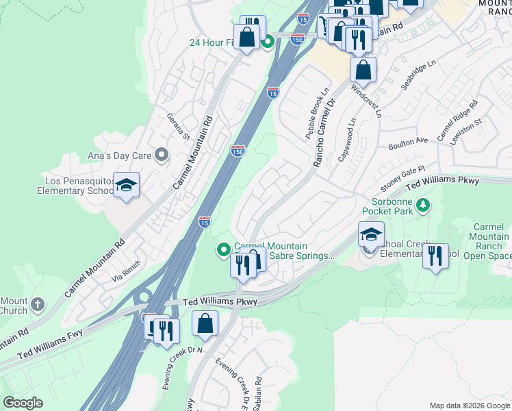 map of restaurants, bars, coffee shops, grocery stores, and more near 10424 Rancho Carmel Drive in San Diego