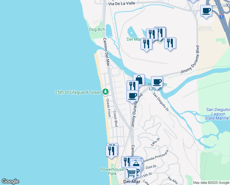 map of restaurants, bars, coffee shops, grocery stores, and more near 236 25th Street in Del Mar