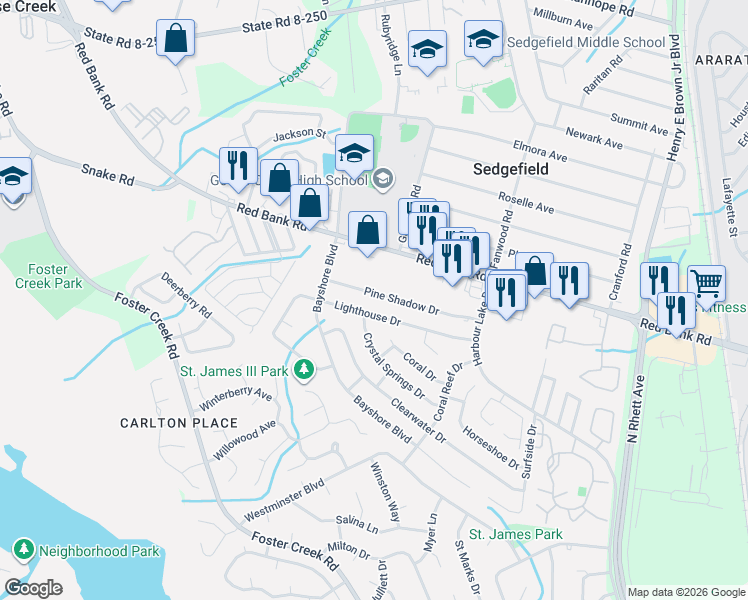 map of restaurants, bars, coffee shops, grocery stores, and more near 143 Pineshadow Drive in Goose Creek