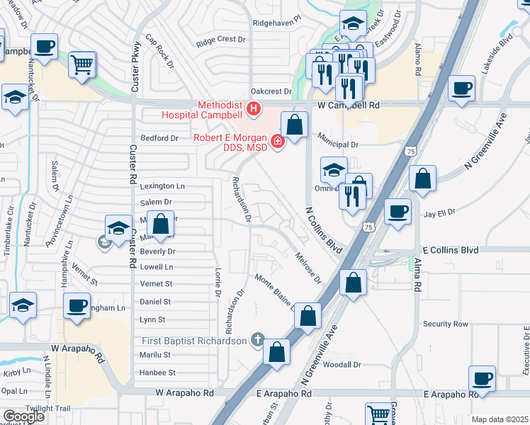 map of restaurants, bars, coffee shops, grocery stores, and more near 336 Melrose Drive in Richardson