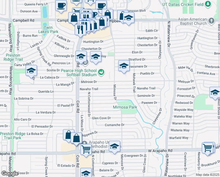 map of restaurants, bars, coffee shops, grocery stores, and more near 1300 Navaho Trail in Richardson