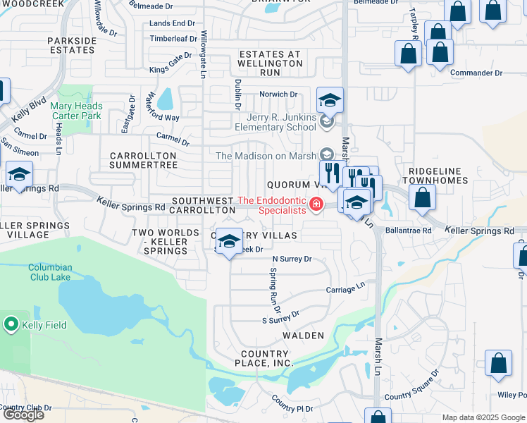map of restaurants, bars, coffee shops, grocery stores, and more near 2750 Keller Springs Place in Carrollton