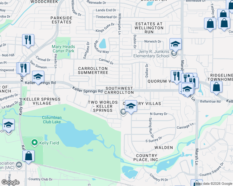 map of restaurants, bars, coffee shops, grocery stores, and more near 2140 Willowgate Lane in Carrollton
