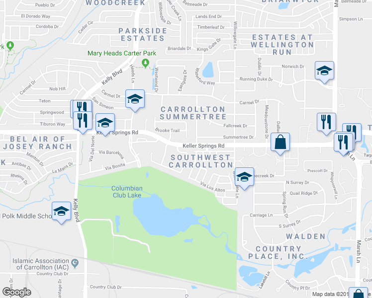 map of restaurants, bars, coffee shops, grocery stores, and more near 2120 Via Estrada in Carrollton
