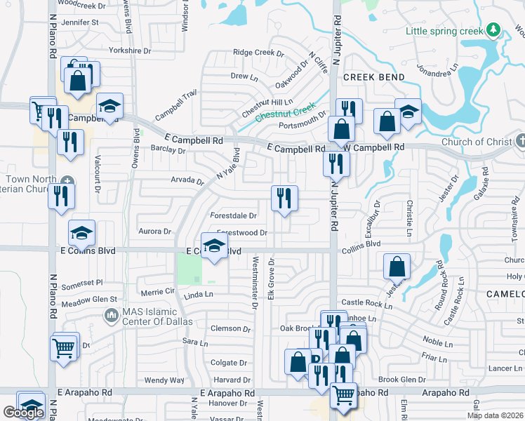 map of restaurants, bars, coffee shops, grocery stores, and more near 1930 Forestdale Drive in Richardson