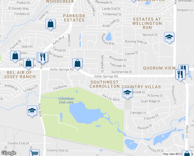 map of restaurants, bars, coffee shops, grocery stores, and more near 2120 Via Estrada in Carrollton