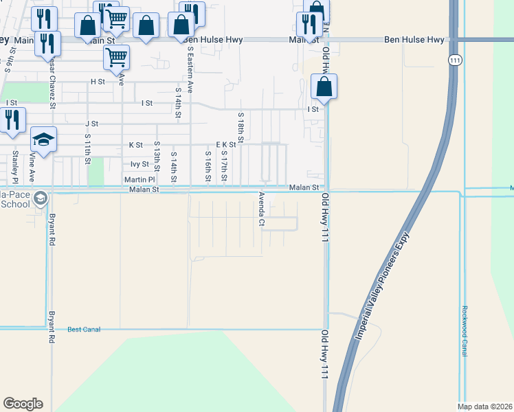 map of restaurants, bars, coffee shops, grocery stores, and more near Avenda Court in Brawley